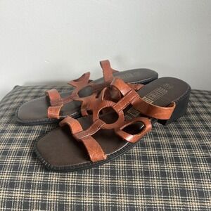 The Leather Collection 8151‎ Cutout Strappy Block Heel Sandals Size 5.5 Cognac